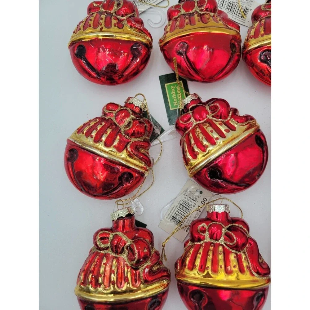 Set Of 11 Blown Glass‎ Ornaments Red And Gold Bell Shaped Christmas Ornaments